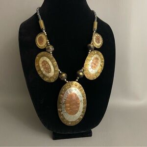 Vintage Tri-colored Metal Disc Statement Necklace- 24” length